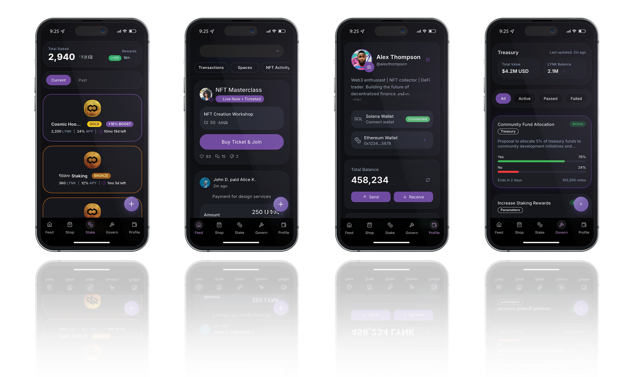 Screenshots of a mobile app interface displaying cryptocurrency staking, wallet, and governance features.