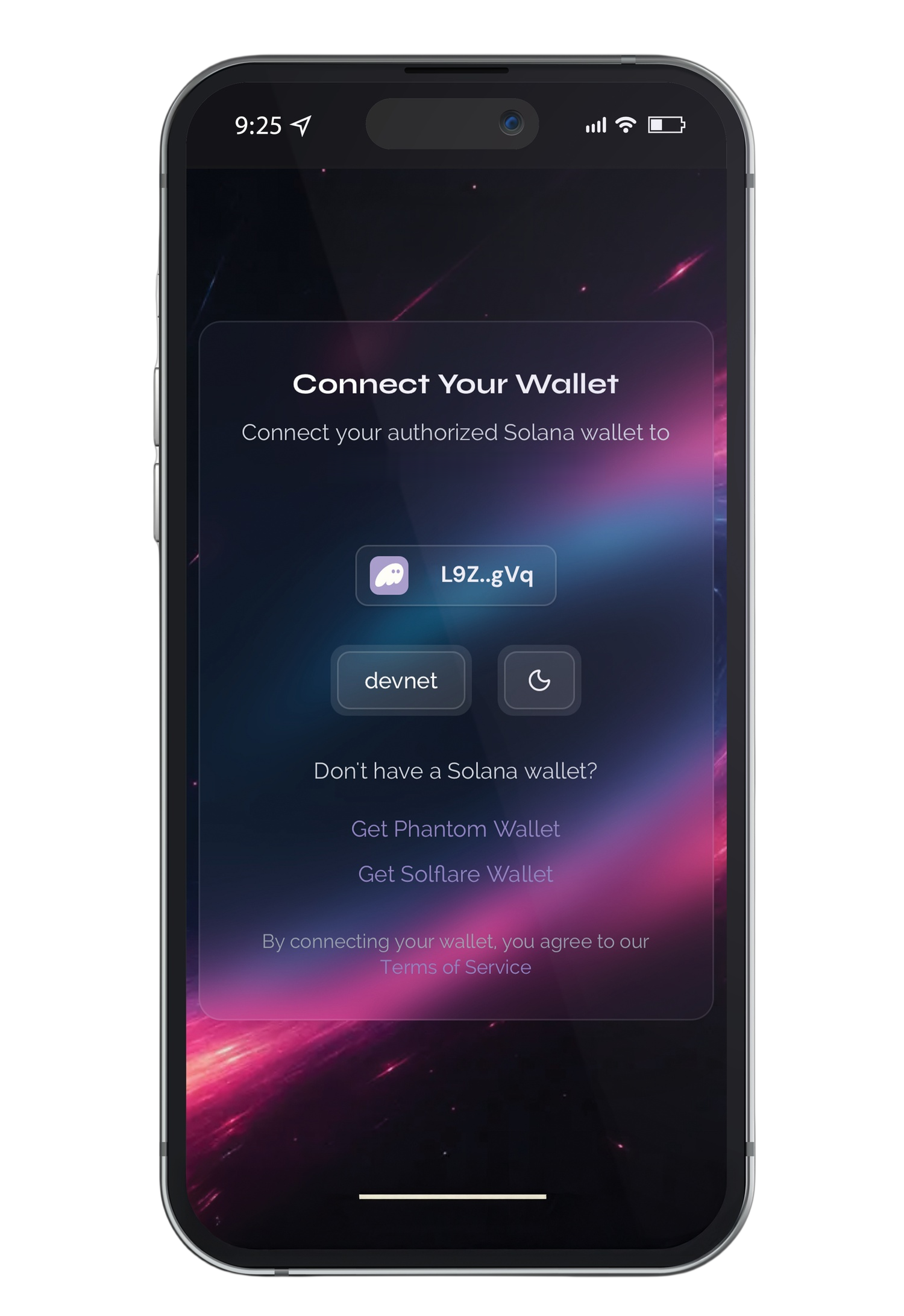 A smartphone screen displaying a wallet connection page for the LURON app, with options to connect a Solana wallet using devnet or moon icon, and links to get Phantom or Solflare wallets.
